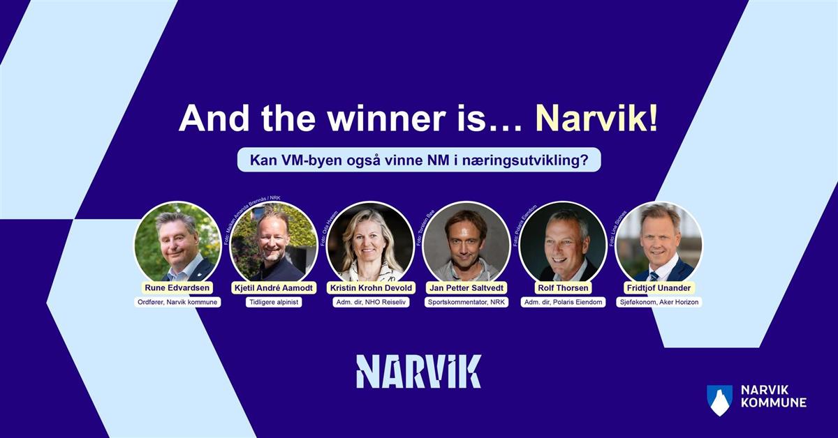 Plakat med hodebilder av paneldebattanter og tittel for arrangementet And the winner is... Narvik! under Arendalsuka 2024. - Klikk for stort bilde
