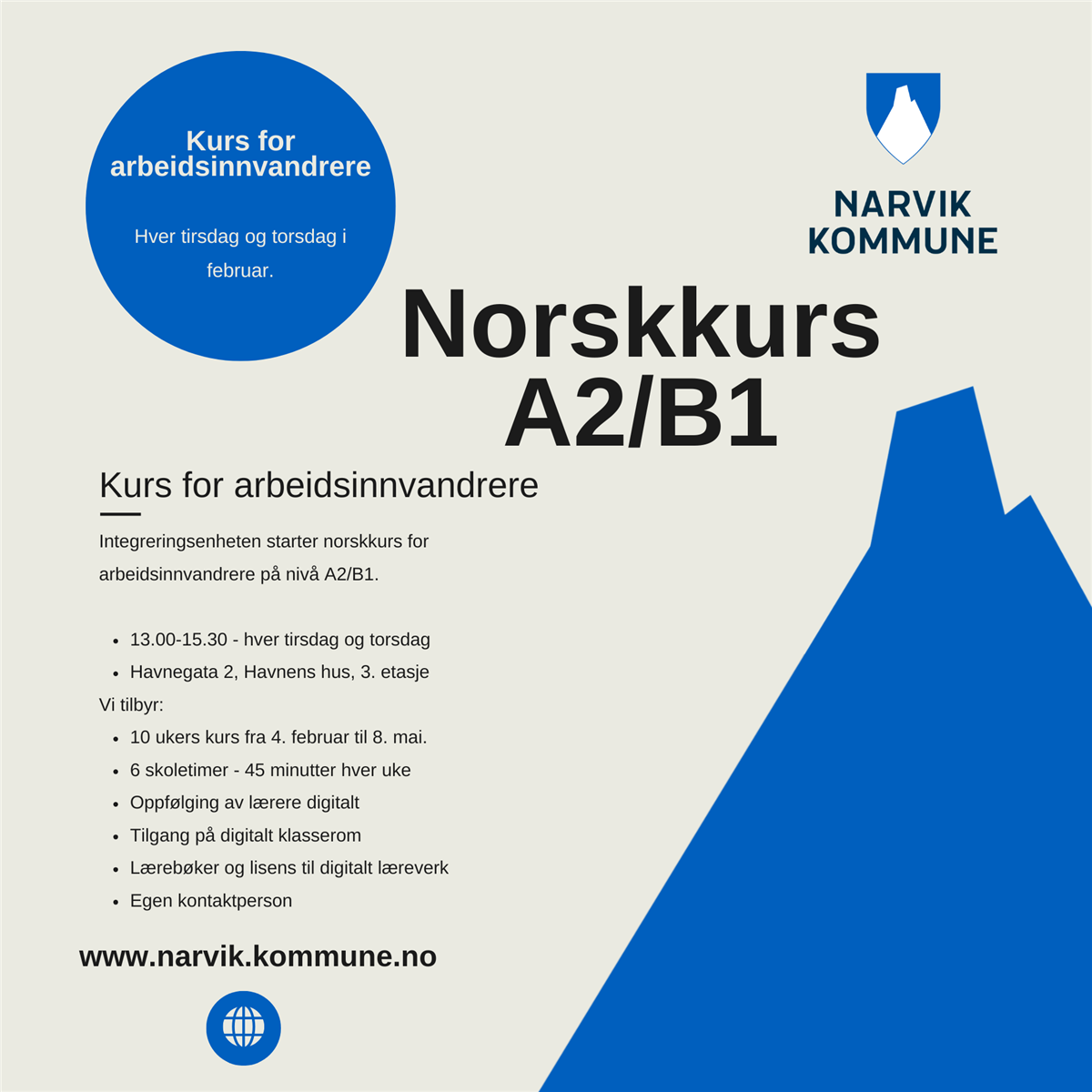 Plakat for Norskkurs, med tid, sted Narvik kommunes grafiske element og logo. Samme informasjon som i artikkel på hjemmesiden. - Klikk for stort bilde