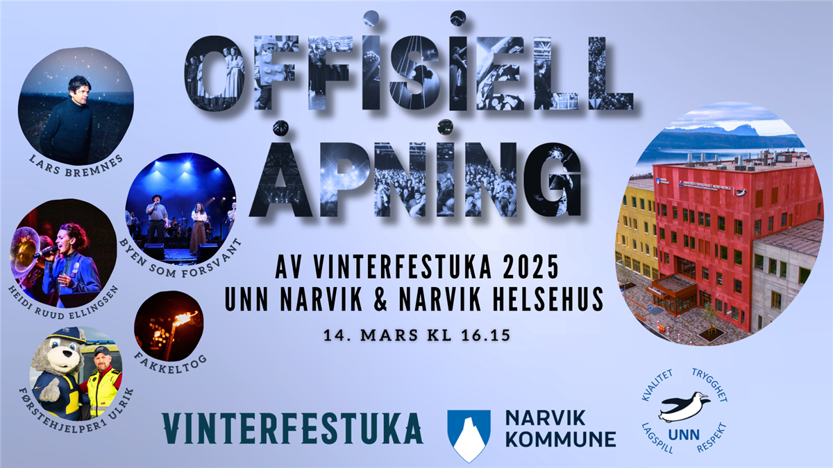 Plakat for offisiell åpning av Vinterfeestuka 2025, nye UNN Narvik og Narvik Helsehus - Klikk for stort bilde