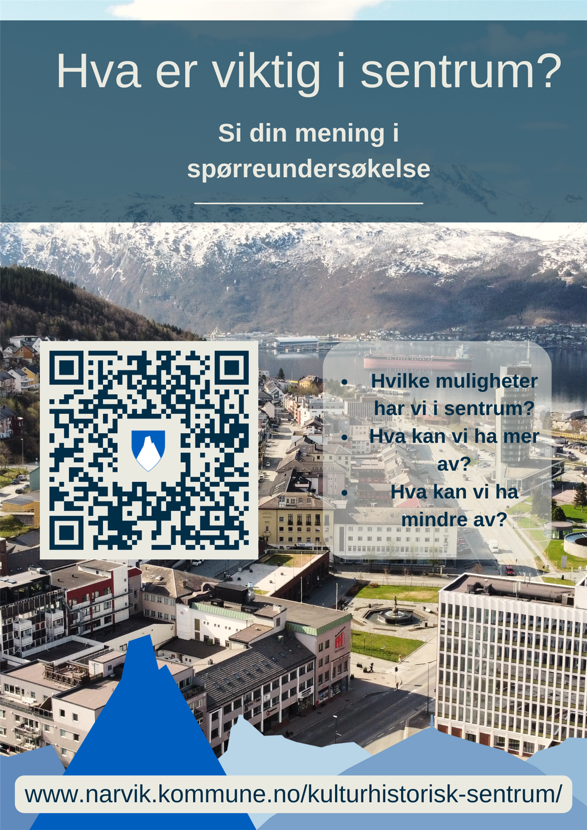 Plakat med QR-kode som leder til spørreundersøkelsen. - Klikk for stort bilde
