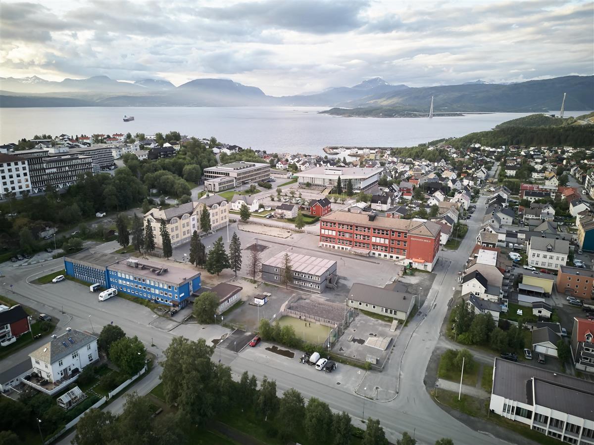 Luftfoto av Frydenlund barneskole, med Ofotfjorden i bakgrunnen. - Klikk for stort bilde