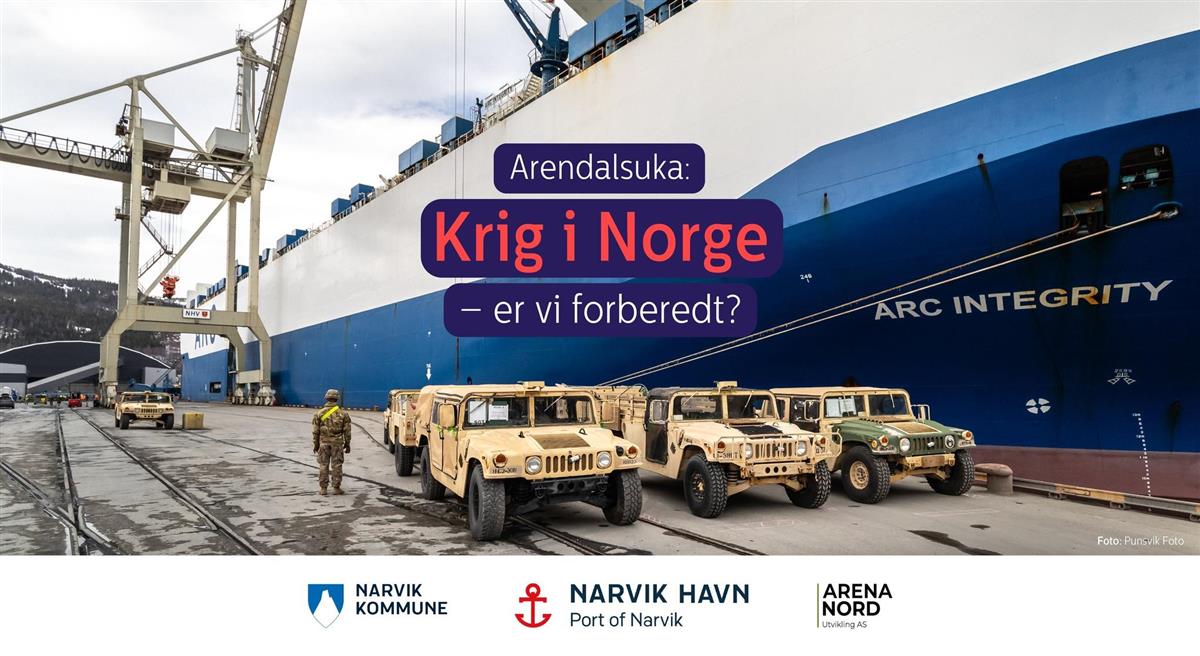 Plakat med tidspunkt og bilde av båt i havna, for arrangementet Krig i Norge - direktesending fra Arendalsuka. - Klikk for stort bilde