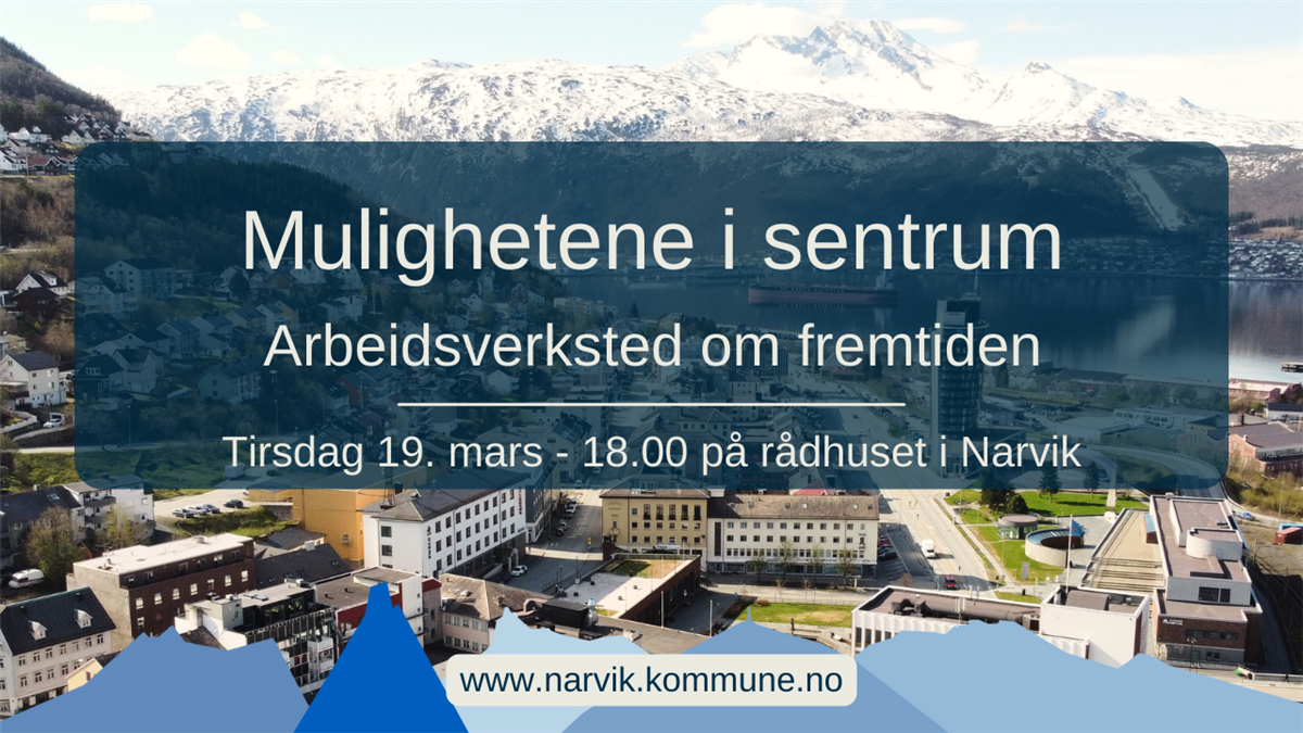 Plakat med tidspunkt for folkemøte/arbeidsverksted. Oversiktsbilde av Narvik sentrum i bakgrunnen. - Klikk for stort bilde